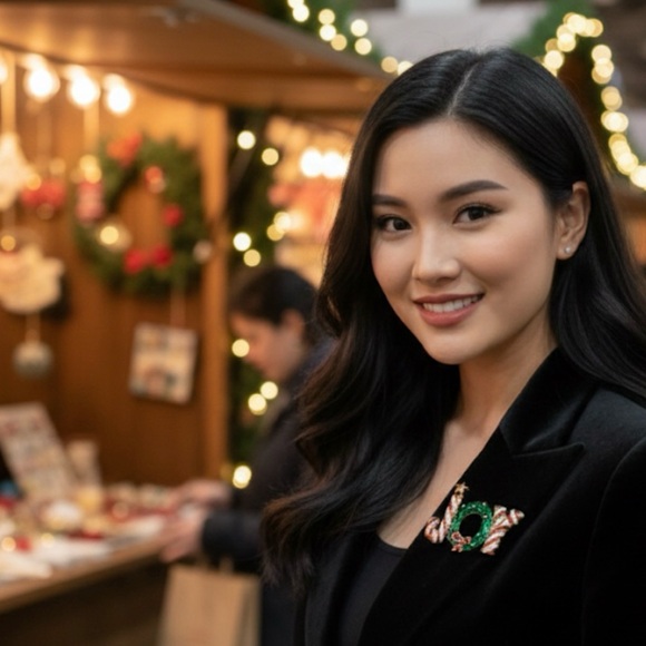 Festive Holiday Joy Brooch - Green and Gold - Picture 3 of 3